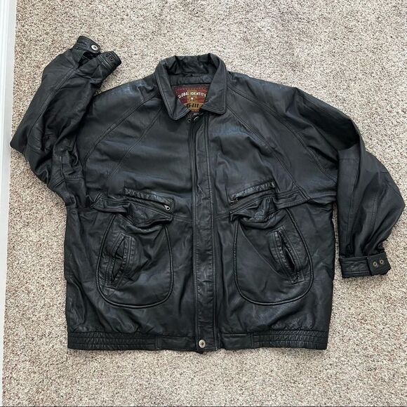 G-III Global Identity Mens Black Leather Bomber Jacket Size 4XT Lined Zip Front